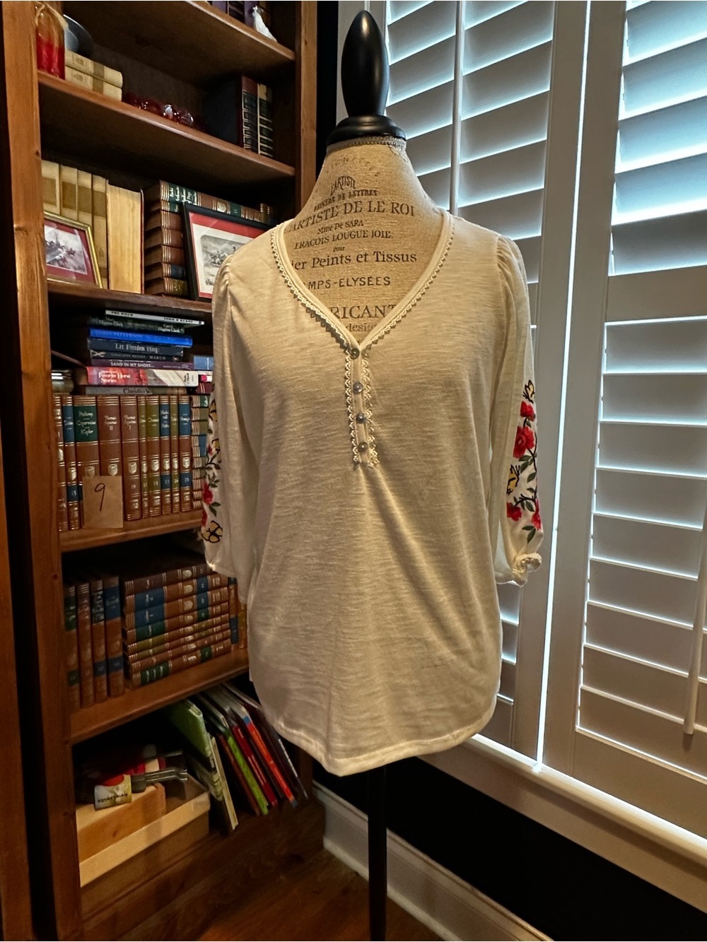 French Laundry Cream Henley Top with Red Floral Embroidered Sleeves